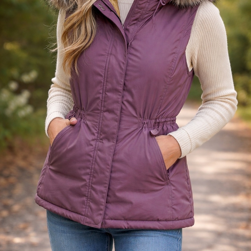 prAna Puffer Vest Women Medium Purple Hooded Faux Fur Winter Warm Insulated